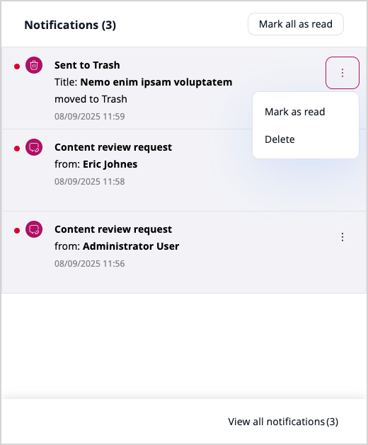 Short list of notifications